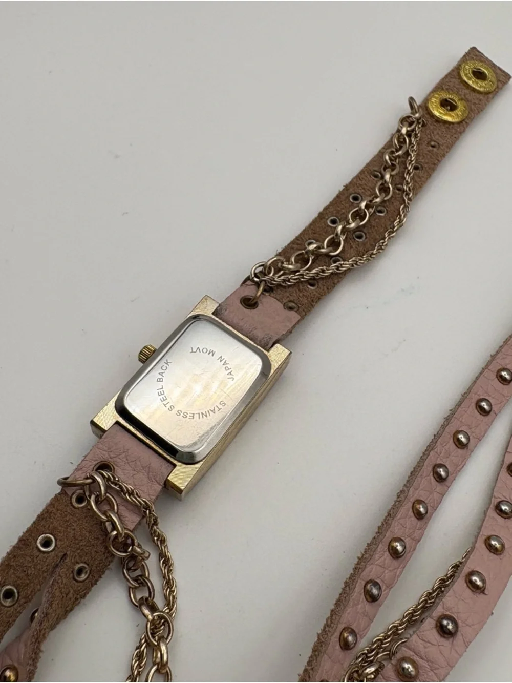 Women’s Gold-toned Rectangular Watch Pink Dial‎ Multi-Strand Double Wrap Band
